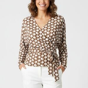 J McLaughlin Jersey Tie Waist Wrap Top Medium Retro Brown Dolman Sleeve Fall